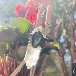 Vintage Genuine Quartz Point & Labradorite Electroformed Pendant On Silver Chain